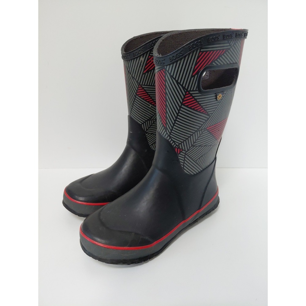BOGS K Rainboots Geo Youth Size 4 Red Gray Black Rain Boots